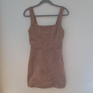 Brown Suede-Look Square Neck Mini Dress